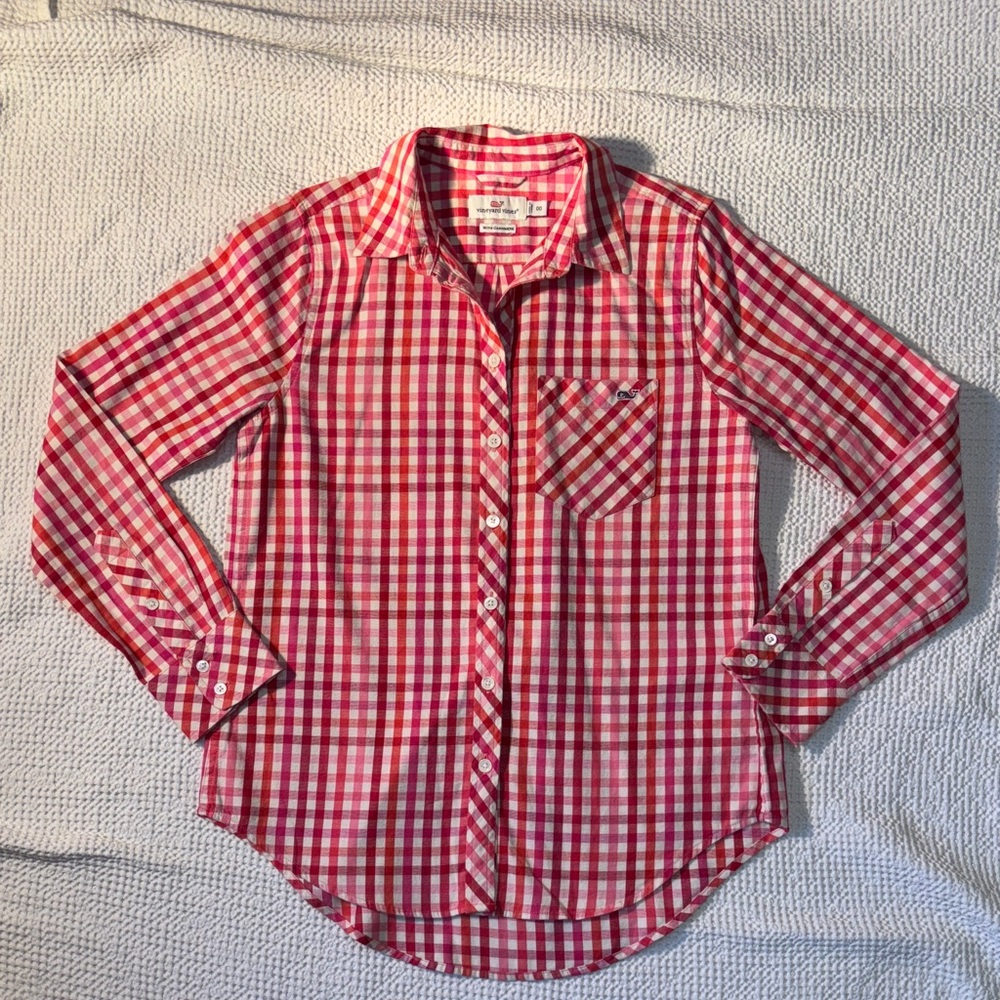 Vineyard Vines Red & Pink Plaid Button Down Shirt, Cashmere Cotton, Size 00, EUC